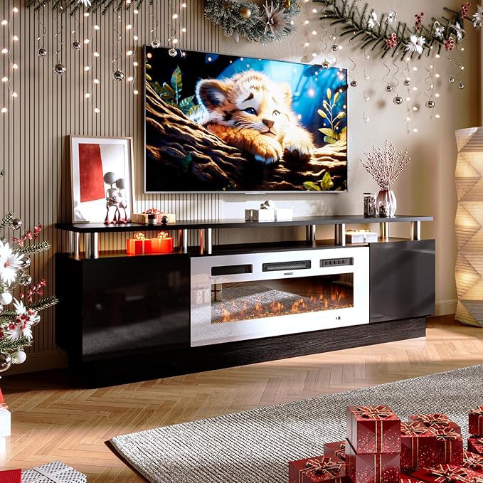 oneinmil Fireplace TV Stand with 36” Electric Fireplace, 70” 2 Tier TV Console Stand for TVs Up to 80", LED Light Entertainment Center, Fireplace for The Living Room TV Stand, Black