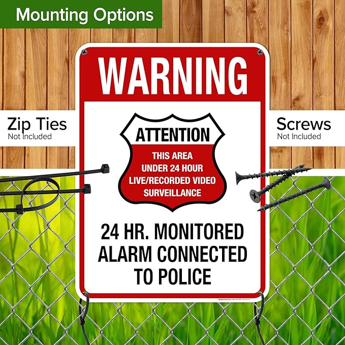 Warning 24 HR. Monitored Alarm Connected To Police Sign, 18x24 Inches, 55 mil thick HDPE (high density polyethylene), Made in USA by My Sign Center