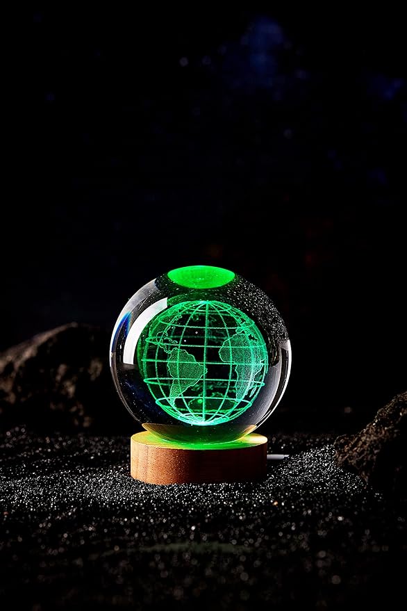 Conalisk 3D Earth Crystal Ball Lamp,3.15 inch K9 Crystal Ball Night Light with Wooden Base,Lifelike 3D LED Night Light,16 Colors Changing Light,Dimmable Remote Control,Desk lamp (D)