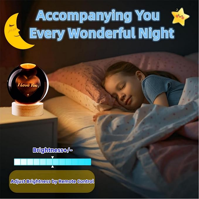 3D Crystal Ball Lamp,Lifelike LED Heart Night Light,16 Color Changing Light,Dimmable Remote Control, Romantic I Love You Lamp
