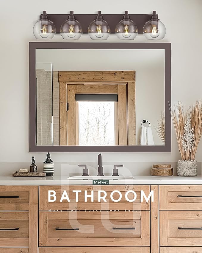 METWET Bathroom Light Fixtures Over Mirror, 5-Light Oil Rubbed Bronze Bathroom Vanity Light with Globe Clear Glass Shade, 32 Inch Modern Sconces Wall Lighting, VL195-ORB-5