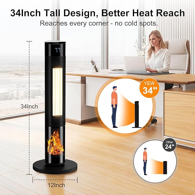YEW Space Heater for Indoor Use, 34" Portable Electric Room Heater with Remote, 80° Oscillating, 24H Timer, Thermostat & ECO Mode, Ceramic Tower Heater for Large Room,Bedroom,Office