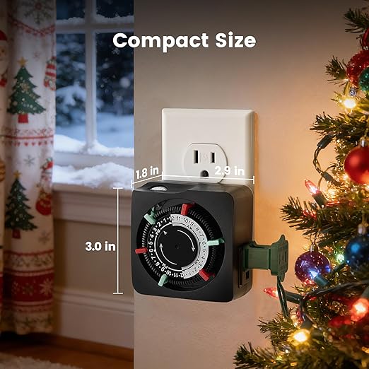 SURAIELEC Mechanical Timer with 2 Grounded Outlets, Indoor Electrical Plug in Timer with Trippers, 24-Hour Programmable and 3 Prong Outlets for Christmas Decorations, Plant Lights, Fan, 15A, Black