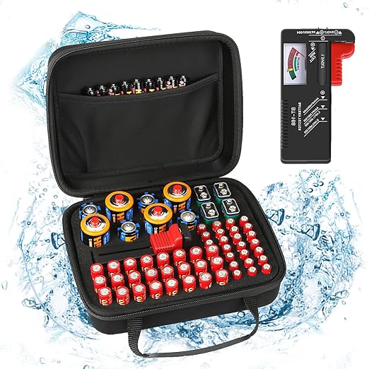 Arkeiliy Battery Organizer, Battery Organizer Storage Case with Tester BT-168, Waterproof Battery Holder Box Holds, Battery Case Organizer 60+ AA AAA C D 9V Batteries (Batteries are Not Included)