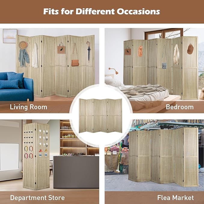 ECOMEX 6 Panel Room Divider, 5.6Ft Pegboard Display Wooden Folding Privacy Screen Freestanding Peg Board for Trade Show Craft Show Home Wall Organizer, Natural Wood