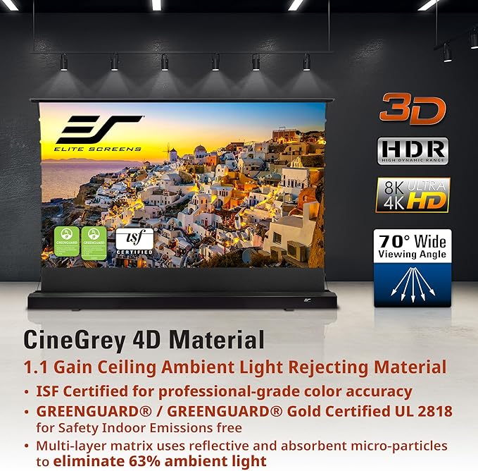 Elite Screens Kestrel Tab-Tension 3 CineGrey 4D, 122 inch 16:9, Standard Throw ISF Ceiling Ambient Light Rejecting (CLR/ALR) Electric Floor-Rising Projector Screen, Programmed Remote Kit, FTE122H3-C4D