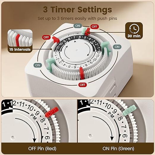 SURAIELEC Mechanical Timer with 2 Grounded Outlets, Indoor Electrical Plug in Timer with Trippers, 24-Hour Programmable and 3 Prong Outlets for Christmas Decorations, Plant Lights, Fan, 15A, White