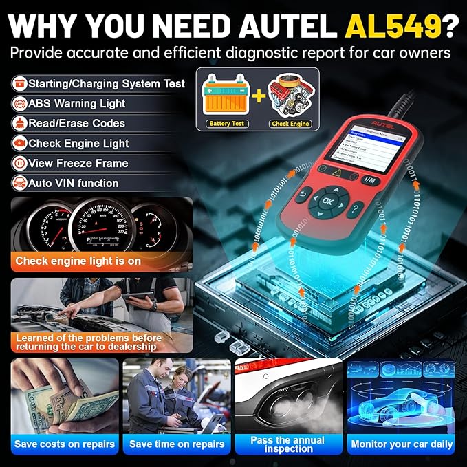 Autel OBD2 Scanner AutoLink AL549(Upgraded Ver. of AL519)Code Reader with AutoVin, Read/Erase DTCs for ABS, Universal Car Battery Test,OBDII Scan with Live Data,Check Engine Fault OBD2 Diagnostic Tool