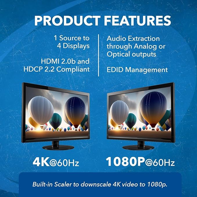 OREI 1x4 2.0 HDMI Splitter with Scaler Audio Extractor 4 Ports with Full Ultra HDCP 2.4K at 60Hz & 3D Supports EDID Control - UHDS-104A