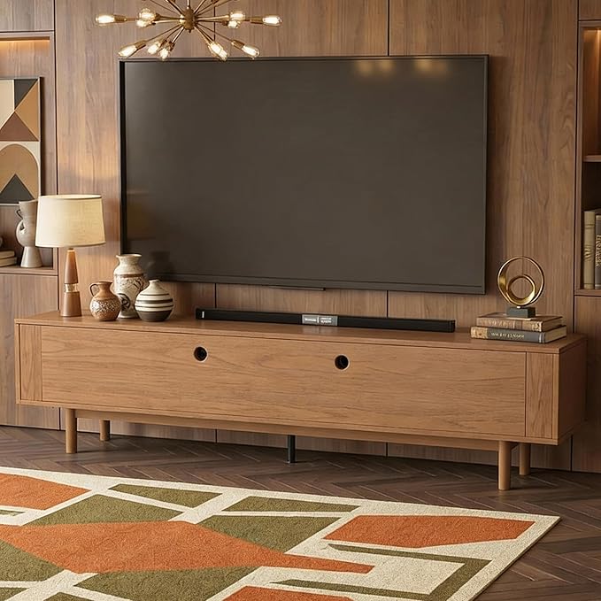 gaoyangjiaju 86.61" Wooden TV Cabinet with Open Shelving, Removable Divider and Cable Management (Pedestal 15.74" D x 86.61" W x 17.5" H) (Legs15.74 D x 86.61" W x21.14 H)