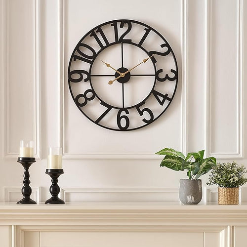 Alarmore Wall Clocks for Living Room Decor, Silent Wall Clock Battery Operated, Mid Century Rustic Farmhouse Black Metal Skeleton Large Clocks for Kitchen, Bedroom, Dining Room-18 in