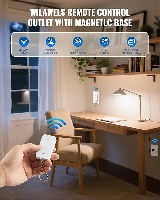 WILAWELS Remote Control Outlet Wireless Wall Mounted Light Switch, Wireless On Off Remote Outlet Switch with Magnetic Base, 100ft RF Range, 15A/1875W, Two Switches for One 0utlet W09RC2106