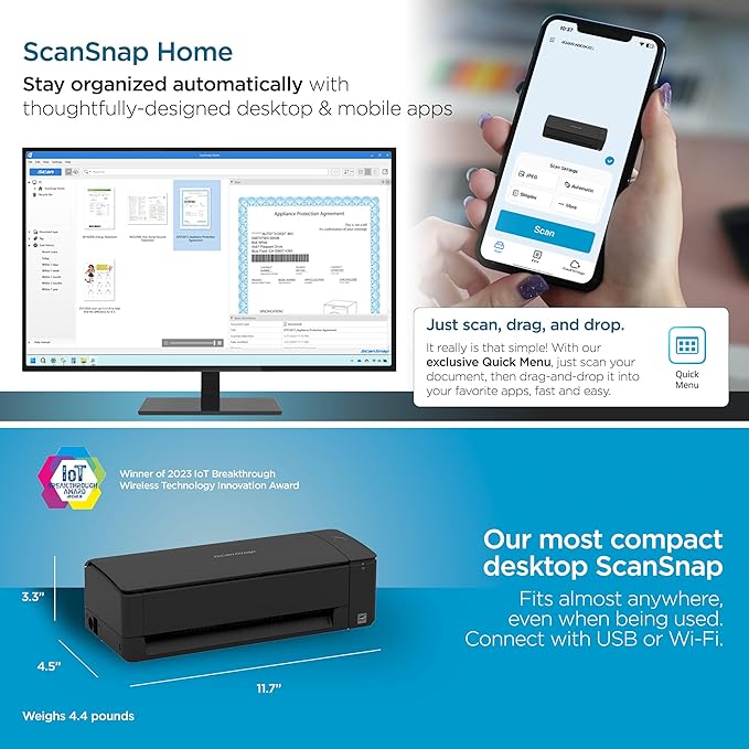 ScanSnap iX1300 Deluxe Compact Wireless or USB Double-Sided Color Document, Photo & Receipt Scanner with Auto Document Feeder and Manual Feeder for Mac or PC