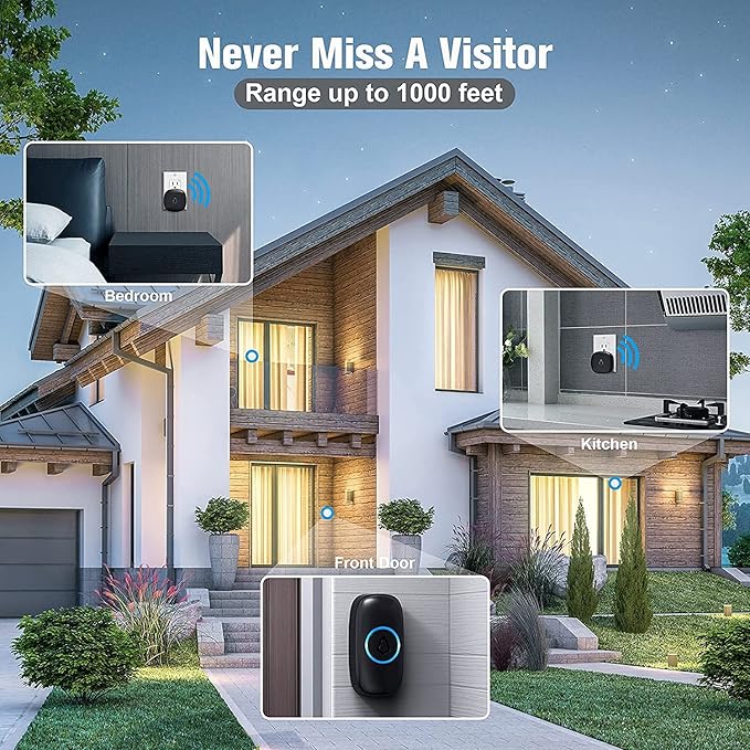 SECRUI Wireless Doorbell with 3Receivers 2 Push Buttons, Easy installation, Adjustable Volume, 58 Chimes, Colorful LED, 1000Ft Range, M520+F55, Black