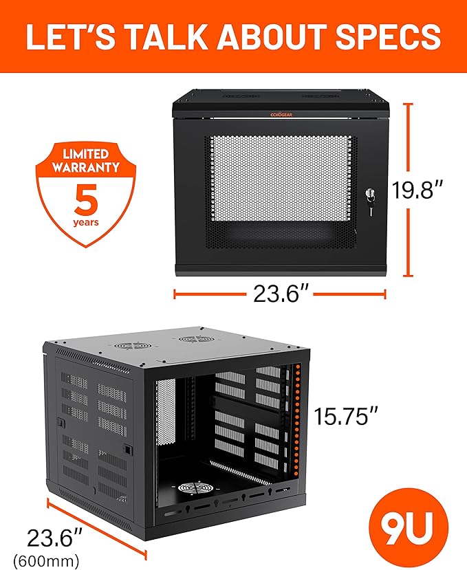ECHOGEAR 9U Network Rack - Enclosed Wall Mount Rack Kit Includes 2X 1U Shelves, Pre-Mounted Fan, Lockable Door & Hardware - 600mm Depth Fits All Your AV Gear