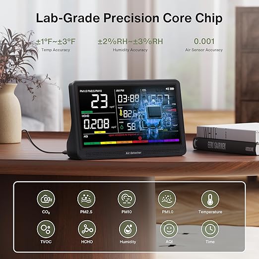 bonoch 16 in 1 Air Quality Monitor Indoor 7" Display 9 AQI+7 AQI Alerts, CO2 Monitor Air Quality Tester for CO2, TVOC, PM2.5 PM1.0 PM10, HCHO Temperature Humidity AQI & Time Air Quality Meter for Home