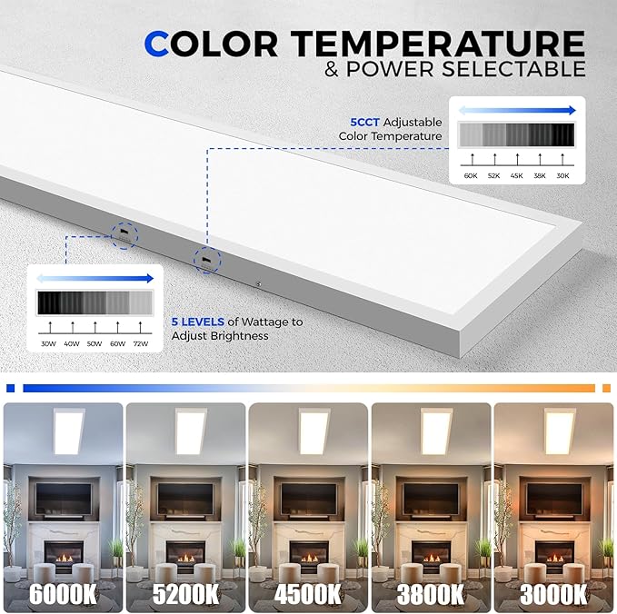 Barrina 1x4 LED Flat Panel Light Surface Mount, 8640LM 72W, 0-10V Dimmable, Selectable Flat Panel Ceiling Lights Fixture, 5CCT 3000K/3800K/4500K/5200K/6000K, Flush Mount for Kitchen, Garage, 4 Packs