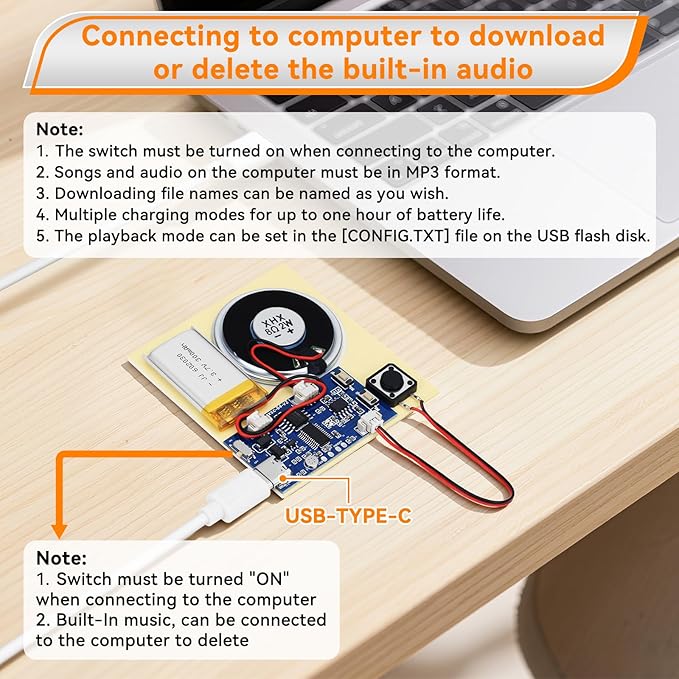 Sound Recorder Module DIY Music Voice Recording Module Chip with Speaker,Type-C Cable,Easy Recording Capability16 Minutes Music for Personalized Greetings, Holiday Crafts Cards with Manual