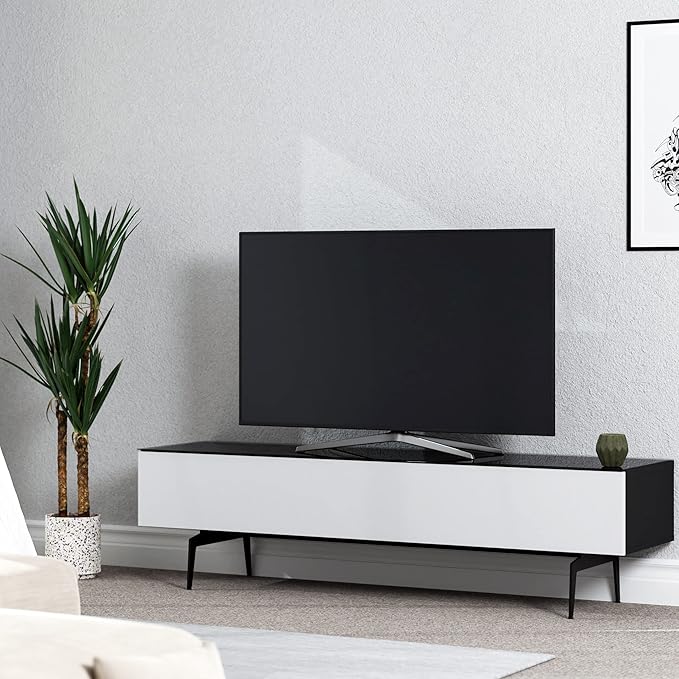 SONOROUS ST-360 Premium TV Stand for Living Room – Modern TV Stands & Entertainment Center with Storage – Black Glass & White Wood Cover – Luxury Media Console with Metal Legs for TVs up to 75 inches