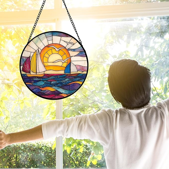 DASTOLL Stained Glass Window Hanging, Sailboat and Waves Suncatcher Diamond Glass Panel Hangings Sun Catchers Decor for Birthday for Women, Men, Wife, Aunt, and Mom 11.8x11.8 in