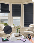 Graywind Smart Roman Shades Compatible with Alexa Google Rechargeable Motorized Blinds with Remote Blackout Roman Window Shades Plain Fold Soft for Doors Bedroom, Custom Size (Flowline Midnight)