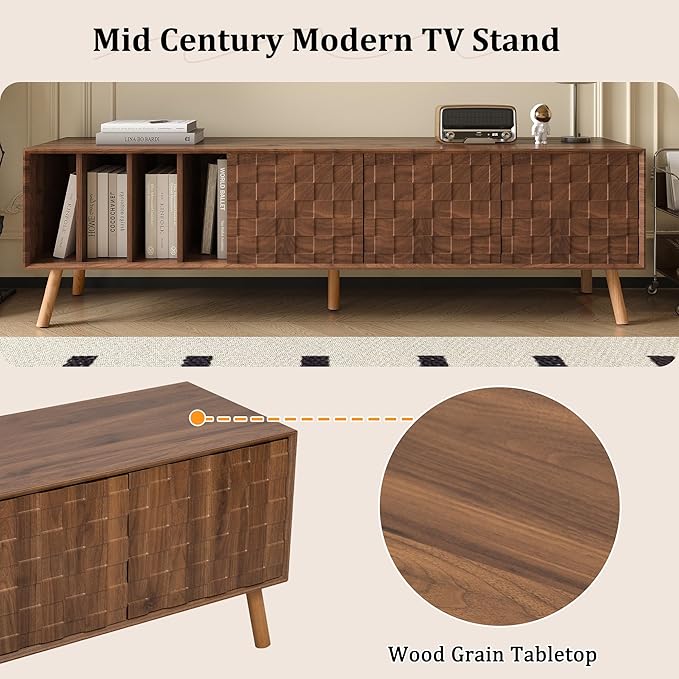Virubi Mid-Century Modern TV Stand, Entertainment Center with 3 Doors and Open Shelf, Media Console for TVs up to 80 Inch, Television Stands with Cable Management for Living Room