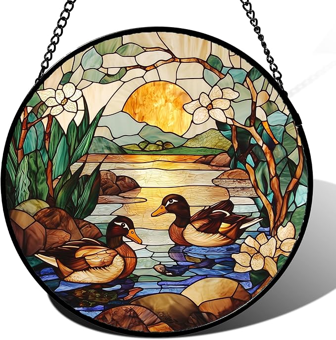 AMDERVEN Stained Glass Window Hanging, Ducks in The Pond Sun Catcher for Door Home Decor Landscape Plant Suncatcher Christmas Mother's Day Birthday Gifts for Women Men Mom Nana 9.8 in
