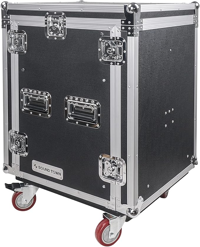 Sound Town Heavy-Duty 1/2" (12mm) Plywood 14U PA DJ Pro Audio Rack/Road ATA Case with 11U Slant Mixer Top, Locking Drawer, 20’’ Rackable Depth and Casters (STMR-14D3)