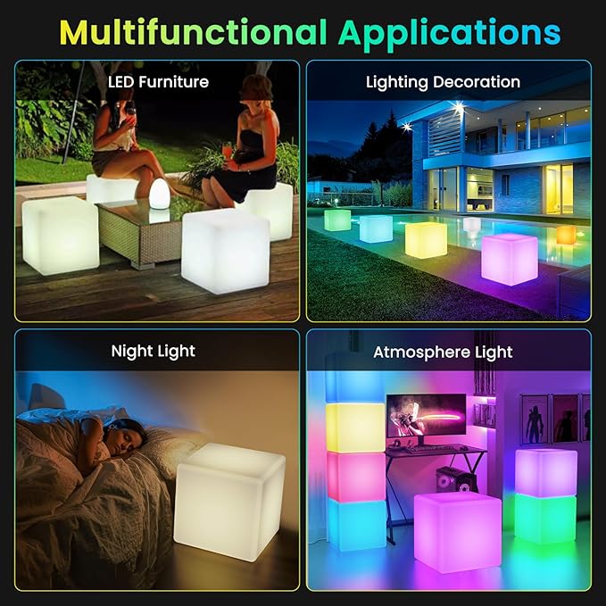 LOFTEK 16-Inch Rechargeable LED Cube Chair Light, 16 RGB Colors Glow Cube Seat w/Remote, Waterproof LED Cube Table, Color Changing Cubes Floor Lamp, Home Bedroom Patio Party Decorative Lighting