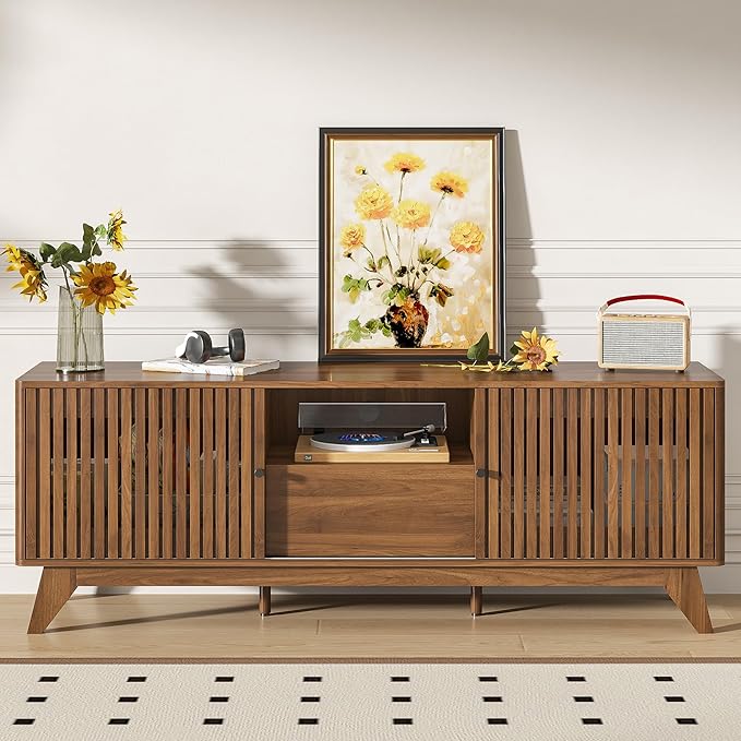 Oubayajia Mid Century Modern TV Stand for Televisions up to 70 Inches, with Sliding Doors and Storage, Curved Edge Television Stands, TV Consoles, Media Consoles for Living Room (Walnut, 63inch)