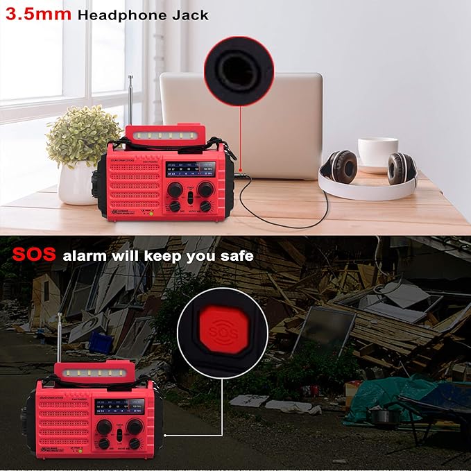 Weather Radio NOAA Alert with Battery Backup 18500mWh, Portable AM FM Shortwave Radio Solar Hand Crank, Flashlight Cellphone Charger, SOS Alarm, Compass, Headphone Jack for Home Outdoor Emergency