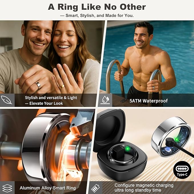 RIFESI Smart Ring for Women Men, Fashion Minimalist Fitness Ring & Sleep Tracker Ring with Heart Rate, Blood Pressure,5ATM Waterproof Health Ring,Gifts for Women Men Gift,No Subscription (8,Silver)