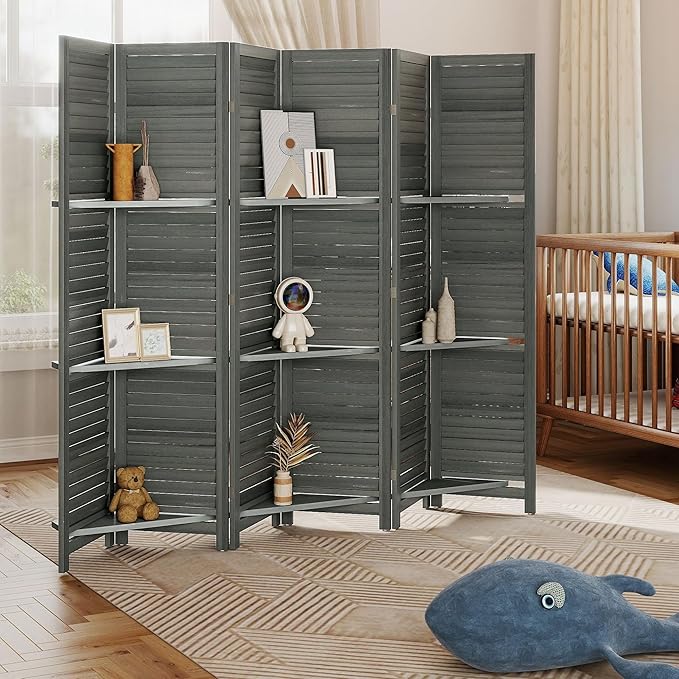 HOMCOM Room Divider, 6 Panel 67" Tall Wood Privacy Screen with 3 Display Shelves, and Folding Storage for Bedroom or Home Office, Gray