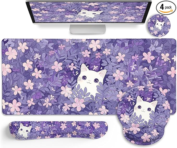 LIMKRIAN Purple Mouse Pad Large Desk Mat Set, Kawaii Cat Computer Mouse Pad with Wrist Rest Keyboard Wrist Support XXL Mousepad Cup Coaster Set, Cute Purple Office Desk Accessories Cat Decor Supplies