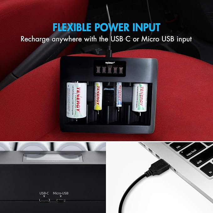 Tenergy 4 Pack Centura Lite D Size Batteries and TN486U 5-Bay Universal Battery Charger with LCD, Micro USB/Type C Input