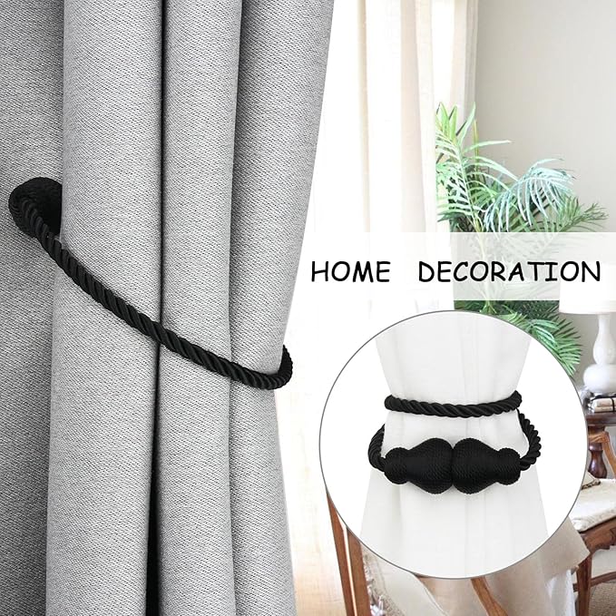 Nieffeiy Magnetic Curtain Tiebacks Outdoor Curtain Tie Backs Rope Decorative Magnetic Curtain Holders for Drapes Window Treatment Holdbacks, Black 6Pack