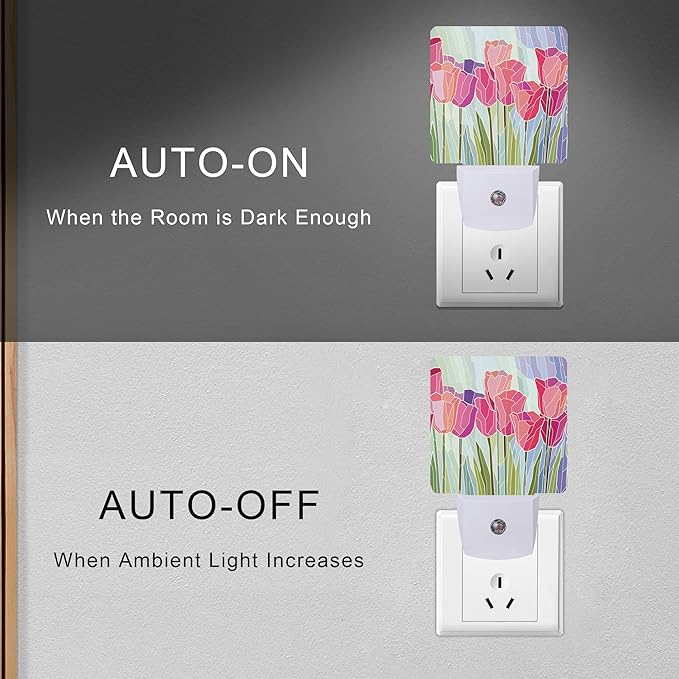 Smoaffly Pink Tulip Flowers Night Light Plug-in LED Nightlights Auto Sensor Night Lamp Dusk-to-Dawn Lamp Home Decor for Nursery Children Girls Boys
