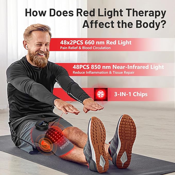 Red Light Therapy Knee Brace &Vibration Knee Massage, 660nm & 850nm Rechargeable Near Infrared Light Therapy Device for Knee/Elbow/Shoulder for Cordless Use, Gray.