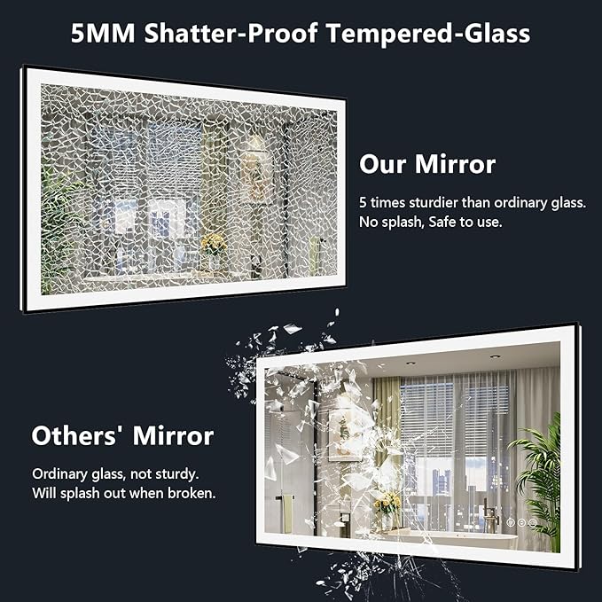 YEELAIT 55x36 Inch LED Bathroom Mirror with Lights (Front Lit and Backlit) Black Framed Lighted Vanity Mirror for Bathroom Wall Dimmable Anti-Fog Memory Tempered Glass Horizontal/Vertical