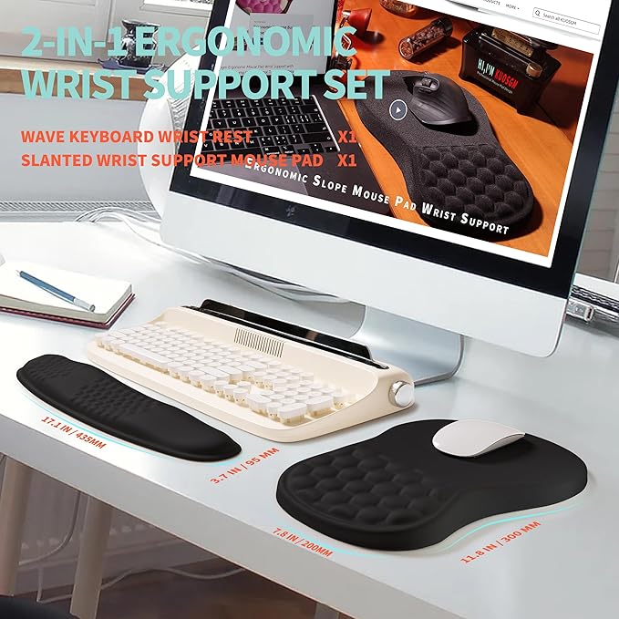 KUOSGM 2-in-1 Ergonomic Set, Wave Rise Keyboard Wrist Rest and Massage Bulge Slope Mouse Pad Wrist Support, Cushion Memory Foam Integrated to Relieve Wrist Pain, Black