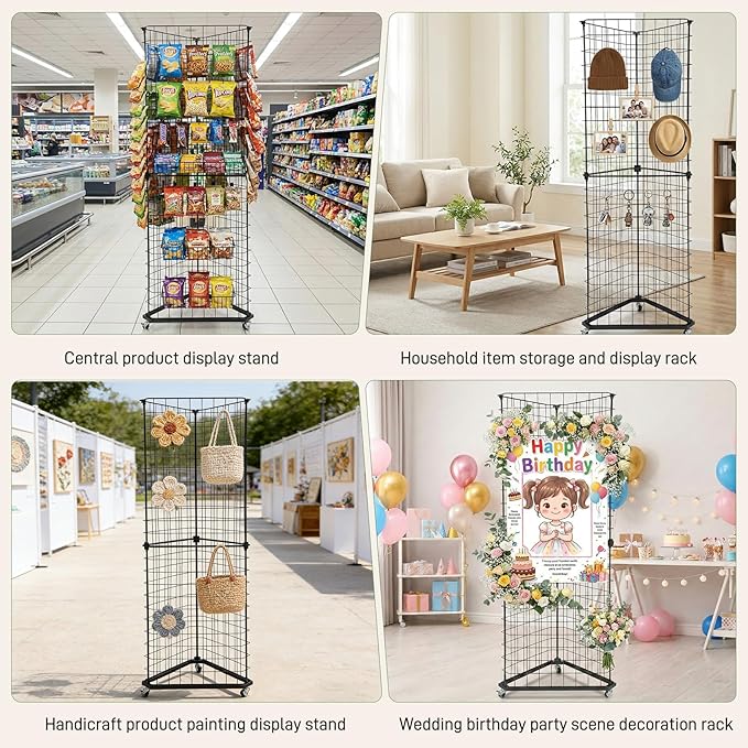 Brobear Triangular Gridwall Panel Display Stand with Base and Casters, 360-degree rotation Wire Wall Grid 24"x68" Rolling Grid Wall Tower for Retail, Trade Show, Vendor Events and Home Organization