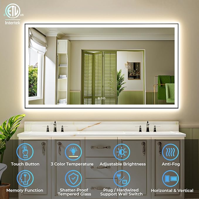YEELAIT 66x40 Inch LED Bathroom Mirror with Lights (Front Lit and Backlit) Black Framed Lighted Vanity Mirror for Bathroom Wall Dimmable Anti-Fog Memory Tempered Glass Horizontal/Vertical