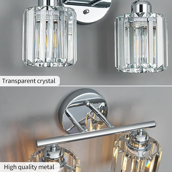FDPBY Modern 2 Light Crystal Vanity Light, Chrome Vertical Bathroom Light Fixture Over Mirror for Dressing Table Sink, Compatible with Dimmable Bulbs (Bulbs Not Included)