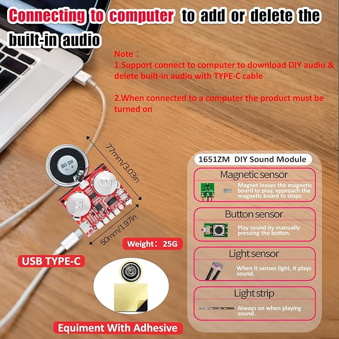 Sound Module, JRGKJCP 16MB Push Button, Magnetron,Light Control Activated Recordable Voice Sound Chip Module with Light Strip,Speaker,for Greeting Card Audiobook, Xmas Presents Boxes, Kids's Toys.