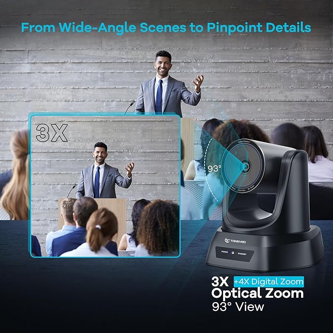TONGVEO 3X Optical Zoom PTZ Camera AI Auto-Tracking HDMI USB 3.0 1080P 60fps Wide-Angle for Video Conference Business Meeting Live Streaming Online Learn with Zoom YouTube Teams OBS and More