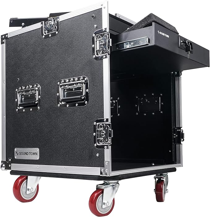 Sound Town High-Quality 1/2” (12mm) Plywood 12U PA DJ Pro Audio Rack/Road ATA Case with 12U Slant Mixer Top, Locking Drawer, 20.2’’ Rackable Depth and Casters (STMR-12D2)