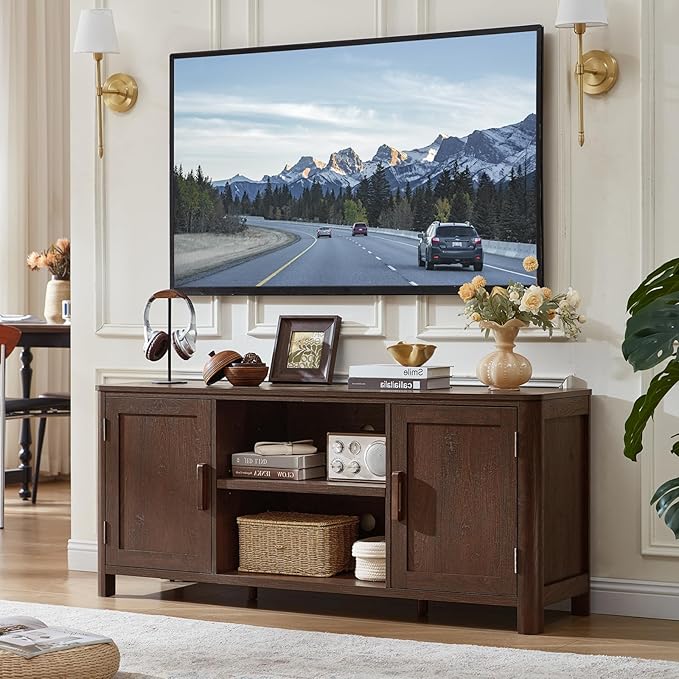 Joaxswe Farmhouse 55" Entertainment Center, Dark Walnut Tv Stand with Adjustable Shelves & 2 Door Storage,Wood Media Console Cabinet for TVs Up to 65 inches, Rustic Tv Stands for Living Room,Bedroom