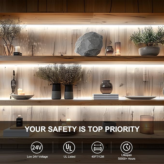 BUNACET COB LED Strip Light 40ft/12m (1 Roll) Cool White 6500K High Lumen CRI 90+ with UL Listed Power Adapter RF Remote for Bedroom Counter Under Cabinet Kitchen Projects