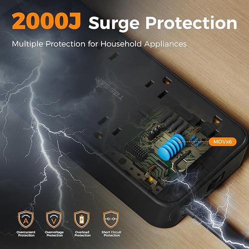 2000J Surge Protector Power Strip, TESSAN 5 FT Extension Cord with Multiple Outlets Flat Plug, 3 USB (1 USB C) and 8 AC Outlets, Wall Mount USB Charging Station for Home Office Supplies, Black