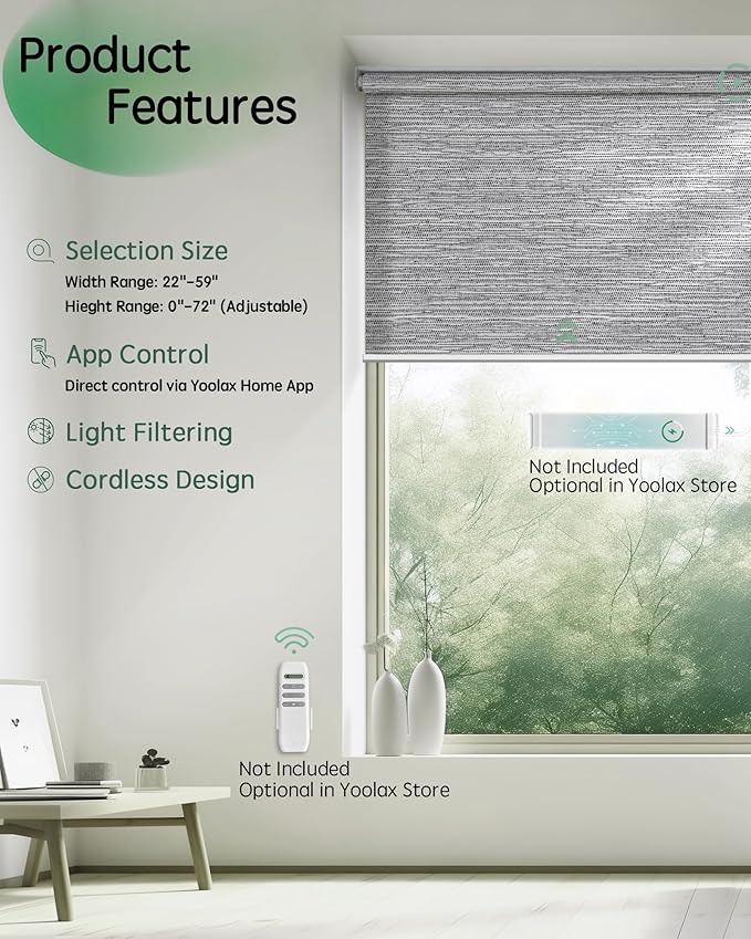 Yoolax Motorized Blinds App Control, Light Filtering Motorized Shades for Windows, Cordless Automatic Roller Shades for Bedroom Living Room Office(Light Filtering Jacquard Gray, 25" W x 72" H)